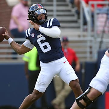 Nov 8, 2025; Oxford, Mississippi, USA; Mississippi Rebels quarterback Trinidad Chambliss (6) passes the ball during the second quarter against The Citadel Bulldogs at Vaught-Hemingway Stadium. Mandatory Credit: Petre Thomas-Imagn Images