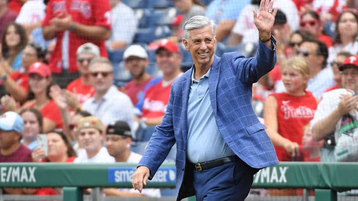 Aug 18, 2024; Philadelphia, Pennsylvania, USA; Former Philadelphia Phillies president Dave Dombrowski during Phillies Alumni Weekend and the 20th anniversary of Citizens Bank Park before game against the Washington Nationals at Citizens Bank Park. Mandatory Credit: Eric Hartline-Imagn Images