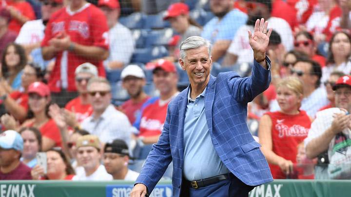 Aug 18, 2024; Philadelphia, Pennsylvania, USA; Former Philadelphia Phillies president Dave Dombrowski during Phillies Alumni Weekend and the 20th anniversary of Citizens Bank Park before game against the Washington Nationals at Citizens Bank Park.