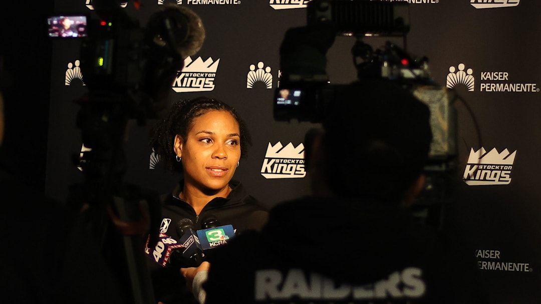 Stockton Kings Head Coach Lindsey Harding addresses the media during the Stockton Kings annual Media day at their practice facility in Sacramento, CA.