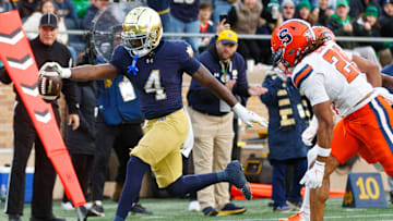 Notre Dame running back Jeremiyah Love (4) runs the ball into the end zone for a touchdown in the first half of a NCAA football game against Syracuse at Notre Dame Stadium on Saturday, Nov. 22, 2025, in South Bend.