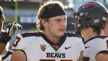 Nov 19, 2022; Tempe, Arizona, USA; Oregon State Beavers offensive lineman Luka Vincic (63) against the Arizona State Sun Devils at Sun Devil Stadium. Mandatory Credit: Mark J. Rebilas-Imagn Images