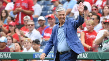 Aug 18, 2024; Philadelphia, Pennsylvania, USA; Former Philadelphia Phillies president Dave Dombrowski during Phillies Alumni Weekend and the 20th anniversary of Citizens Bank Park before a game against the Washington Nationals at Citizens Bank Park.
