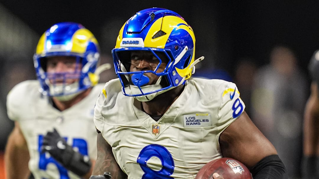 Dec 29, 2025; Atlanta, Georgia, USA; Los Angeles Rams linebacker Jared Verse (8) blocks a Atlanta Falcons field goal and returns it for a touchdown during the second half at Mercedes-Benz Stadium. Mandatory Credit: Dale Zanine-Imagn Images