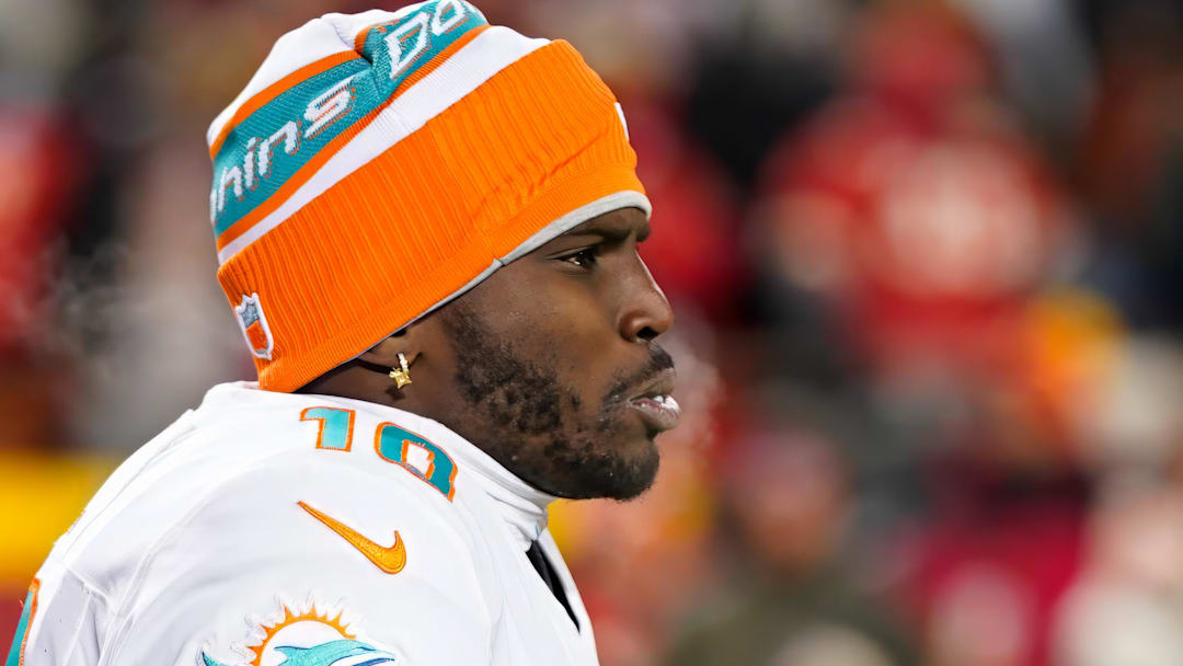 Jan 13, 2024; Kansas City, Missouri, USA; Miami Dolphins wide receiver Tyreek Hill (10) takes the field before a 2024 AFC wild card game against the Kansas City Chiefs at GEHA Field at Arrowhead Stadium.