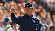 Nov 4, 2023; Knoxville, Tennessee, USA; Connecticut Huskies head coach Jim Mora reacts during the first half against the Tennessee Volunteers at Neyland Stadium. Mandatory Credit: Randy Sartin-Imagn Images