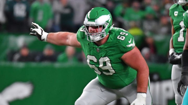 Oct 22, 2023; Philadelphia, Pennsylvania, USA;  Philadelphia Eagles guard Landon Dickerson (69) against the Miami Dolphins at Lincoln Financial Field. 