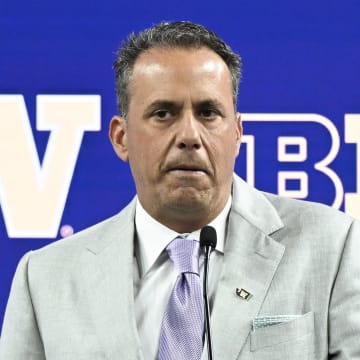 Jul 25, 2024; Indianapolis, IN, USA; Washington Huskies head coach Jedd Fisch speaks to the media during the Big 10 football media day at Lucas Oil Stadium.