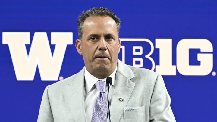 Jul 25, 2024; Indianapolis, IN, USA; Washington Huskies head coach Jedd Fisch speaks to the media during the Big 10 football media day at Lucas Oil Stadium.