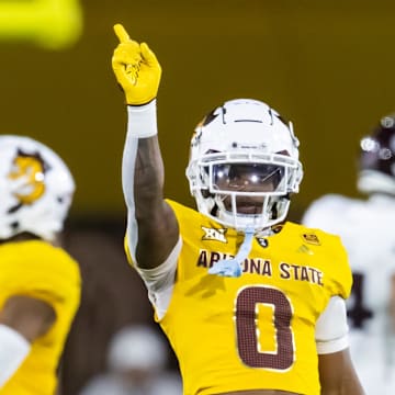 Sep 7, 2024; Tempe, Arizona, USA; Arizona State Sun Devils defensive back Cole Martin (0) celebrates a play against the Mississippi State Bulldogs in the first half at Mountain America Stadium. Mandatory Credit: Mark J. Rebilas-Imagn Images