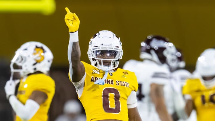 Sep 7, 2024; Tempe, Arizona, USA; Arizona State Sun Devils defensive back Cole Martin (0) celebrates a play against the Mississippi State Bulldogs in the first half at Mountain America Stadium. Mandatory Credit: Mark J. Rebilas-Imagn Images