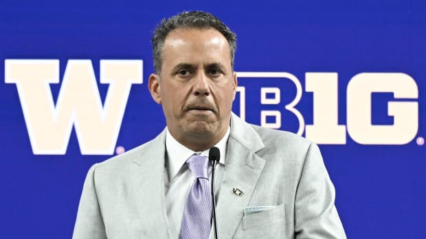 Washington Huskies head coach Jedd Fisch speaks to the media during the Big 10 football media day at Lucas Oil Stadium.