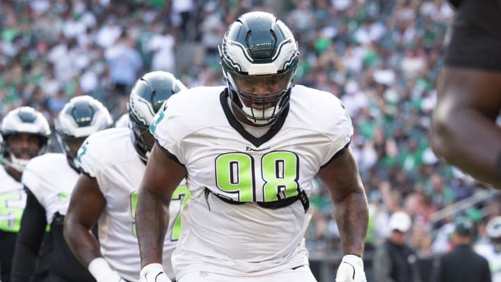 Aug 1, 2024; Philadelphia, PA, USA; Philadelphia Eagles defensive tackle Jalen Carter (98) runs drills during a training camp practice at Lincoln Financial Field. Bill Streicher-USA TODAY Sports