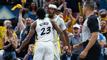 May 11, 2025; Indianapolis, Indiana, USA; Indiana Pacers center Myles Turner (33) and forward Aaron Nesmith (23) celebrate a made basket during game four of the second round for the 2025 NBA Playoffs against the Cleveland Cavaliers at Gainbridge Fieldhouse. Mandatory Credit: Trevor Ruszkowski-Imagn Images