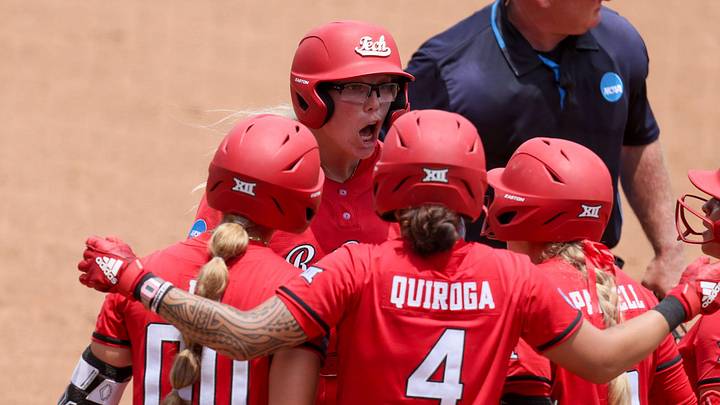 Texas Tech celebrates the win after the super regional game of the NCAA Division 1 softball championship at Katie Seashole Pressly Stadium in Gainesville, FL on Friday, May 22, 2026. [Alan Youngblood/Gainesville Sun]