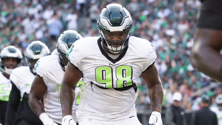 Aug 1, 2024; Philadelphia, PA, USA; Philadelphia Eagles defensive tackle Jalen Carter (98) runs drills during a training camp practice at Lincoln Financial Field. Mandatory Credit: Bill Streicher-USA TODAY Sports