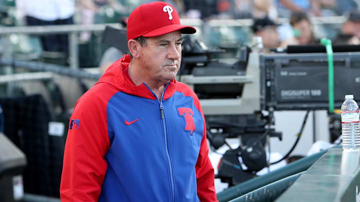 Philadelphia Phillies manager Rob Thomson (59) in the dugout before the start of the game against the Athletics at Sutter Health Park.