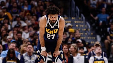 May 11, 2025; Denver, Colorado, USA; Denver Nuggets guard Jamal Murray (27) in the second quarter against the Oklahoma City Thunder during game four of the second round of the 2025 NBA Playoffs at Ball Arena. Mandatory Credit: Isaiah J. Downing-Imagn Images