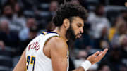 Dec 3, 2025; Indianapolis, Indiana, USA; Denver Nuggets guard Jamal Murray (27) celebrates a made basket in the second half against the Indiana Pacers at Gainbridge Fieldhouse.