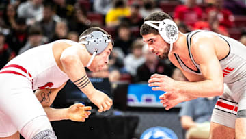 Wisconsin's Austin Gomez, left, wrestles Ohio State's Sammy Sasso at 149 pounds during the third session of the Big Ten Wrestling Championships, Sunday, March 6, 2022, at Pinnacle Bank Arena in Lincoln, Nebraska.

220306 Big Ten Wr 023 Jpg