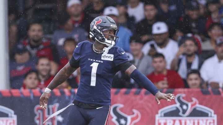 Jul 27, 2024; Houston, TX, USA; Houston Texans wide receiver Stefon Diggs (1) during training camp at Houston Methodist Training Center. Mandatory Credit: Troy Taormina-USA TODAY Sports