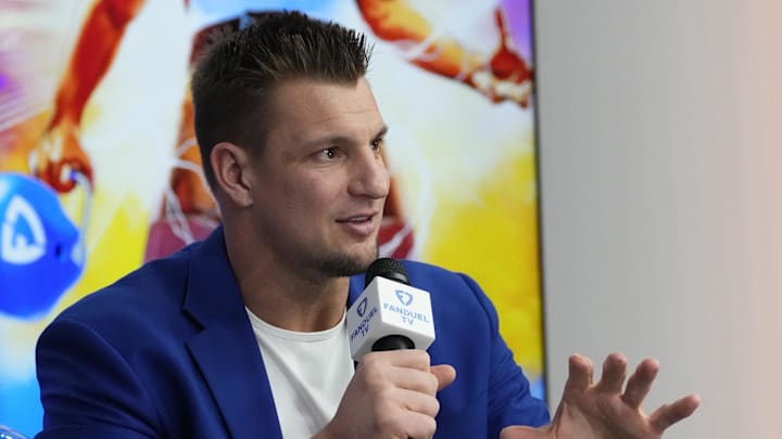 Former NFL tight end Rob Gronkowski speaks to media.