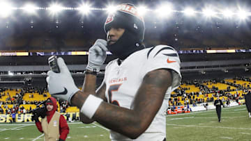 Jan 4, 2025; Pittsburgh, Pennsylvania, USA;  Cincinnati Bengals wide receiver Tee Higgins (5) goes live on social media after defeating the Pittsburgh Steelers at Acrisure Stadium. 