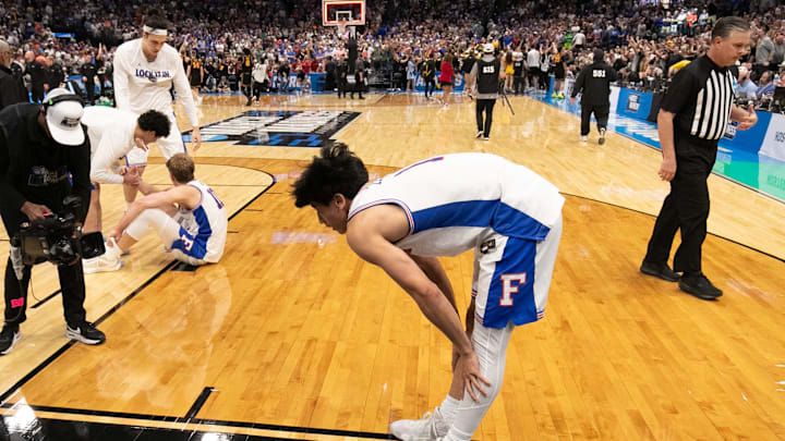 Florida guard Xaivian Lee (1) reacts after the last second 73-72 loss to Iowa during the NCAA March Madness second round at Benchmark international Arena in Tampa, FL on Friday, March 20, 2026. [Alan Youngblood/Gainesville Sun]