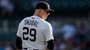Detroit Tigers pitcher Tarik Skubal (29) looks before throwing against Boston Red Sox during the first inning at Comerica Park in Detroit on Wednesday, May 14, 2025.