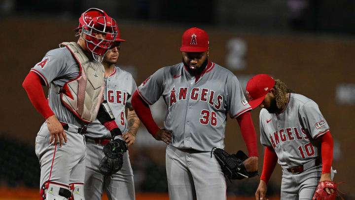 Aug 27, 2024; Detroit, Michigan, USA; Los Angeles Angels starting pitcher Johnny Cueto (36) waits on the mound for manager Ron Washington to pull him from the game after giving up a pair of home runs against the Detroit Tigers in the sixth inning at Comerica Park. Mandatory Credit: Lon Horwedel-USA TODAY Sports