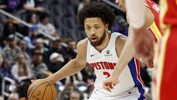 Feb 3, 2025; Detroit, Michigan, USA;  Detroit Pistons guard Cade Cunningham (2) dribbles in the first half against the Atlanta Hawks at Little Caesars Arena. Mandatory Credit: Rick Osentoski-Imagn Images