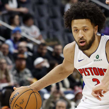Feb 3, 2025; Detroit, Michigan, USA;  Detroit Pistons guard Cade Cunningham (2) dribbles in the first half against the Atlanta Hawks at Little Caesars Arena. Mandatory Credit: Rick Osentoski-Imagn Images