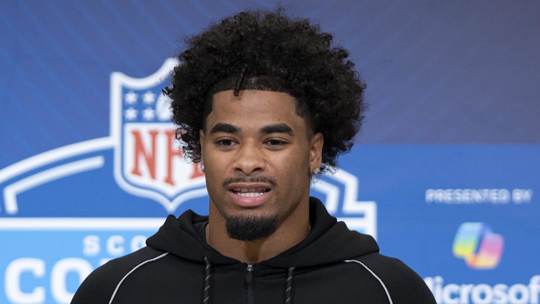 Feb 26, 2026; Indianapolis, IN, USA; LSU defensive back Mansoor Delane (DB06) speaks to media members during the NFL Combine at the Indiana Convention Center. Mandatory Credit: Jacob Musselman-Imagn Images
