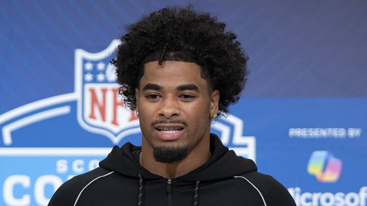 Feb 26, 2026; Indianapolis, IN, USA; LSU defensive back Mansoor Delane (DB06) speaks to media members during the NFL Combine at the Indiana Convention Center. Mandatory Credit: Jacob Musselman-Imagn Images

