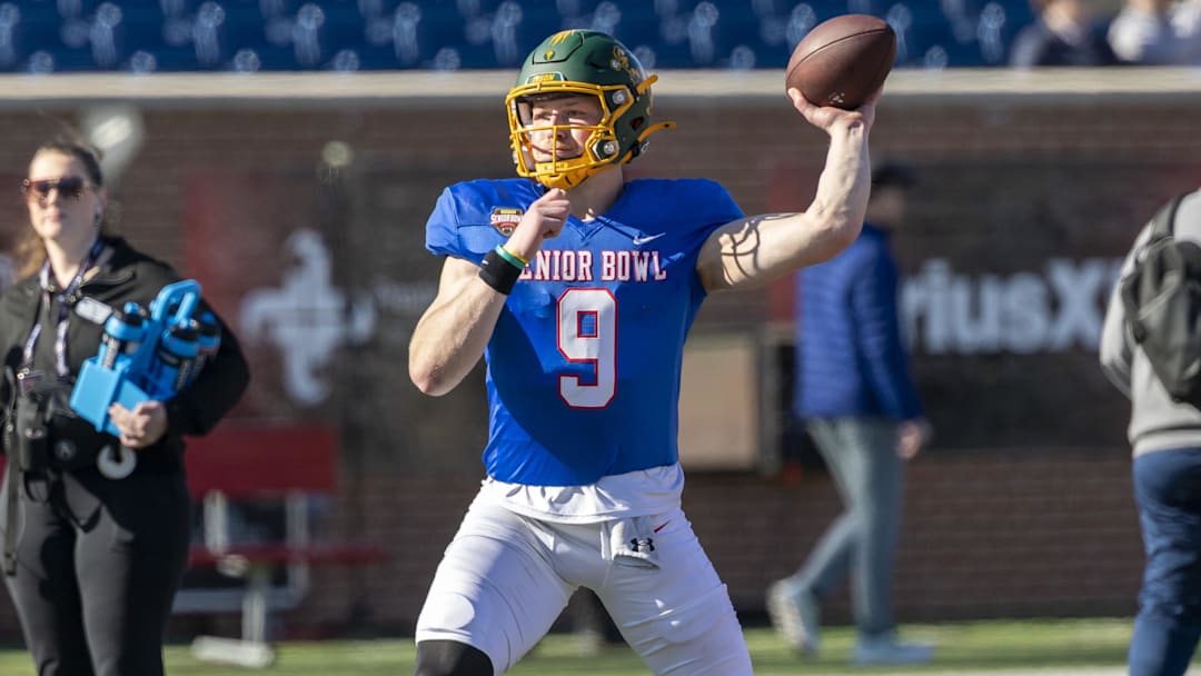 Jan 28, 2026; Mobile, AL, USA; National Team quarterback Cole Payton (9) of North Dakota State passes during National Senior Bowl practice at Hancock Whitney Stadium. Mandatory Credit: Vasha Hunt-Imagn Images