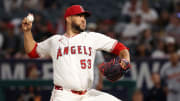 Jun 28, 2024; Anaheim, California, USA;  Los Angeles Angels relief pitcher Carlos Estevez pitches.
