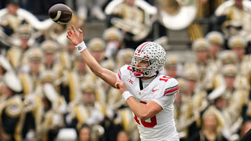 Ohio State Buckeyes quarterback Julian Sayin (10) throws during the NCAA football game against the Purdue Boilermakers at Ross-Ade Stadium in West Lafayette, Ind. on Nov. 8, 2025.