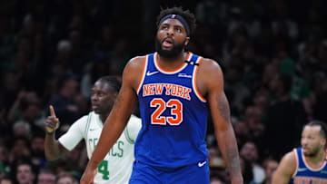 May 5, 2025; Boston, Massachusetts, USA; New York Knicks center Mitchell Robinson (23) returns up court against the Boston Celtics in the second quarter during game one of the second round for the 2025 NBA Playoffs at TD Garden. Mandatory Credit: David Butler II-Imagn Images