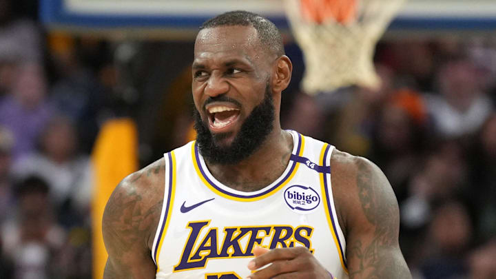 Los Angeles Lakers forward LeBron James reacts to a play.