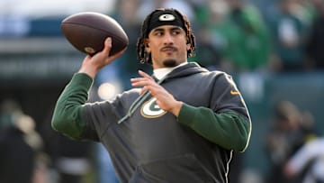 Jan 12, 2025; Philadelphia, Pennsylvania, USA; Green Bay Packers quarterback Jordan Love (10) during warmups against the Philadelphia Eagles in an NFC wild card game at Lincoln Financial Field. Mandatory Credit: Eric Hartline-Imagn Images
