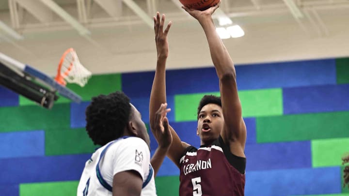 Lebanon forward Anthony Thompson (5) shoots the ball during their during their 50-61 loss to Winton Woods Friday, Jan. 5, 2024.