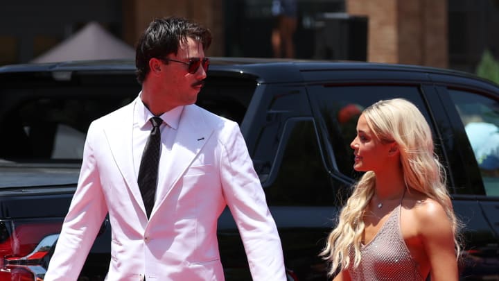 Pittsburgh Pirates pitcher Paul Skenes walks the red carpet with LSU gymnast and girlfriend Livvy Dunne before the 2024 MLB All-Star game at Globe Life Field on July 16.