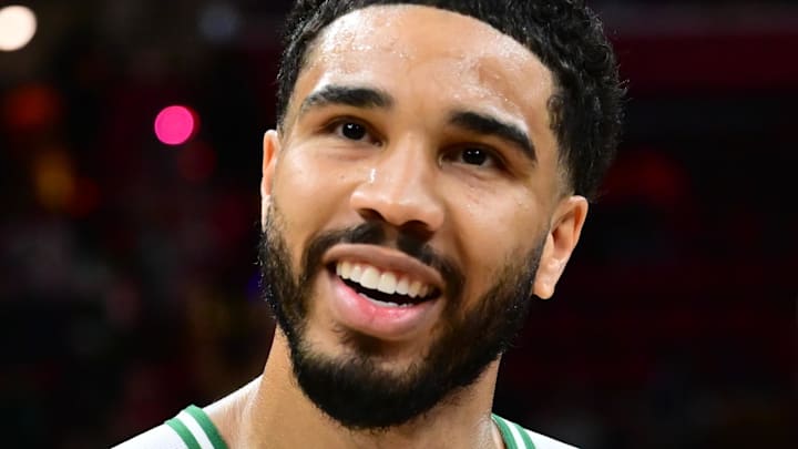 Mar 8, 2026; Cleveland, Ohio, USA; Cleveland Cavaliers guard Donovan Mitchell (45) talks to Boston Celtics forward Jayson Tatum (0) after the game at Rocket Arena. Mandatory Credit: Ken Blaze-Imagn Images