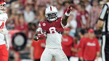Oklahoma Sooners wide receiver Deion Burks (6) gestures after a reception during a college football game between the University of Oklahoma Sooners (OU) and the Houston Cougars at Gaylord Family – Oklahoma Memorial Stadium in Norman, Okla., Saturday, Sept. 7, 2024.
