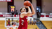 Indiana senior forward Tucker DeVries attempts a jump shot Oct. 3, 2025, in the Cream and Crimson scrimmage at Assembly Hall.