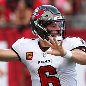 Sep 8, 2024; Tampa, Florida, USA;  Tampa Bay Buccaneers quarterback Baker Mayfield (6) throws the ball against the Washington Commanders during the second half at Raymond James Stadium. Mandatory Credit: Kim Klement Neitzel-Imagn Images