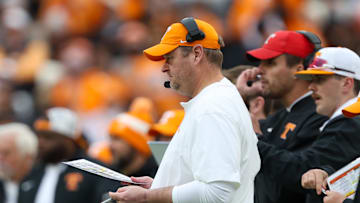 Nov 29, 2025; Knoxville, Tennessee, USA;  Tennessee Volunteers head coach Josh Heupel during the first half against the Vanderbilt Commodores at Neyland Stadium. Mandatory Credit: Randy Sartin-Imagn Images