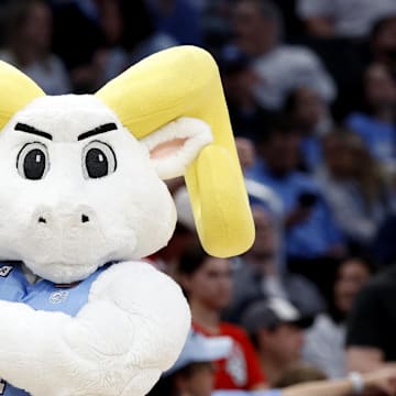 Mar 16, 2024; Washington, D.C., USA; North Carolina Tar Heels mascot, Rameses, performs during the second half at Capital One Arena.