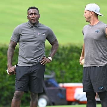 Jul 30, 2022; Spartanburg, South Carolina, US; Former Carolina Panthers linebacker Thomas Davis (58) alongside long snapper JJ Jansen (44) before training camp at Wofford College.