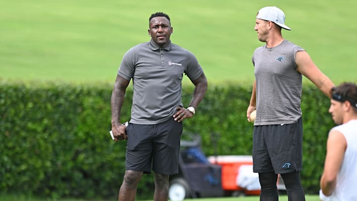 Jul 30, 2022; Spartanburg, South Carolina, US; Former Carolina Panthers linebacker Thomas Davis (58) alongside long snapper JJ Jansen (44) before training camp at Wofford College.